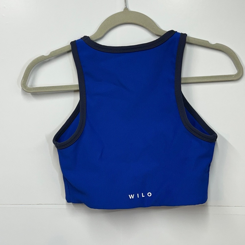 Wilo The Label Womens Blue Ribbed High Neck Crop‎ Top Sporty Tank M longline - Picture 2 of 7